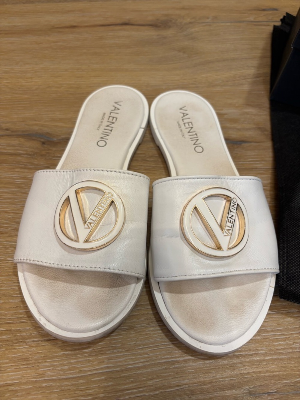 Valentino White Leather Slide Mules with Gold Logo